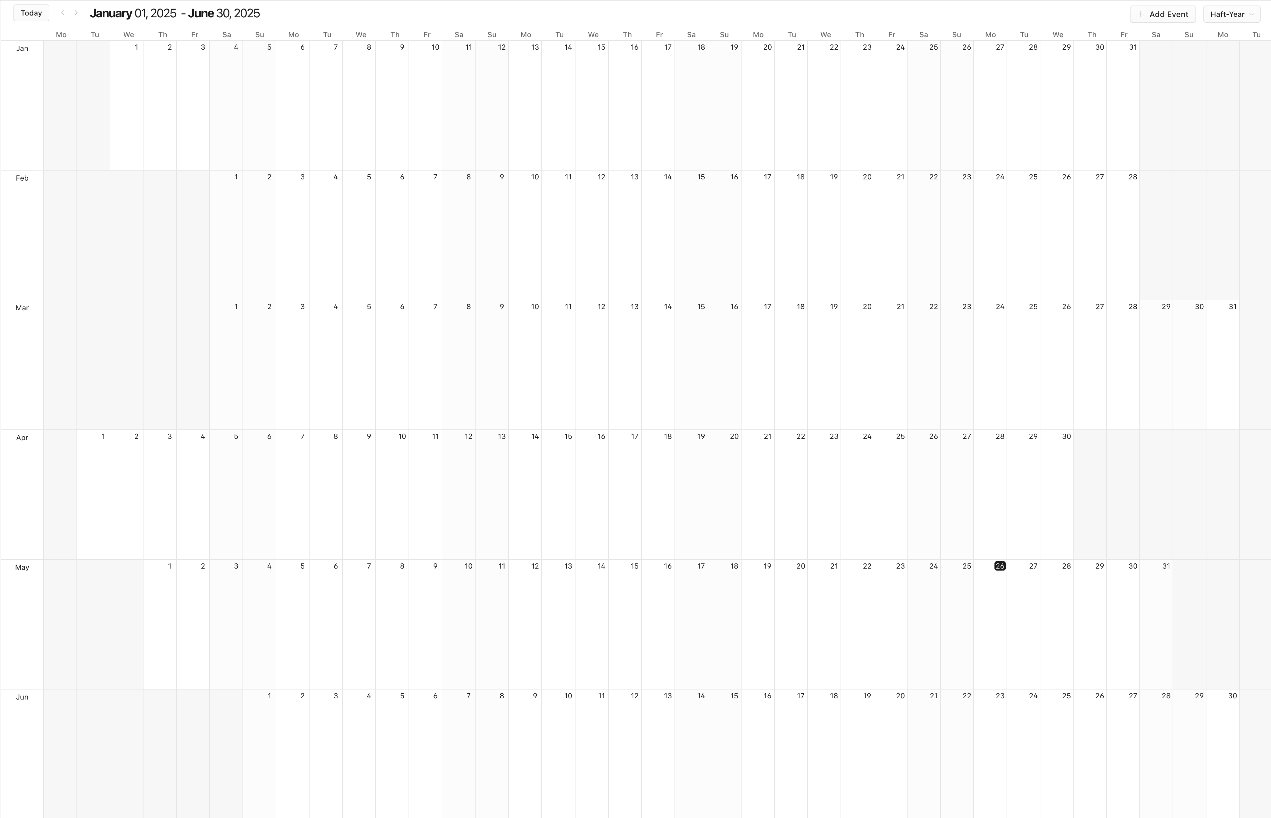 Month Based Calendar View